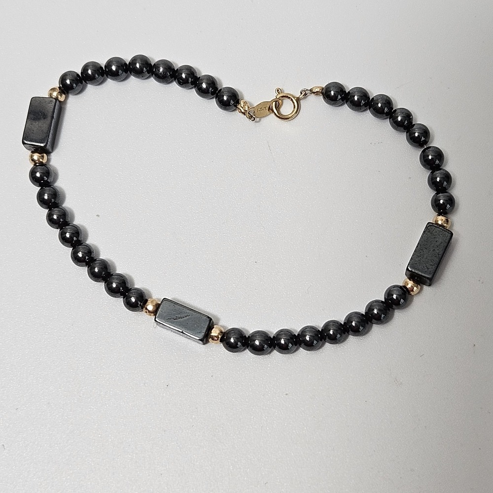 14k Yellow Gold Clasp Hematite Gold Beaded Bracelet 7"